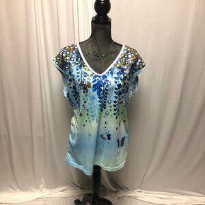 Blue Top Womens Size XXL Floral Butterflies V-Neck Short Sleeve Casual Shirt